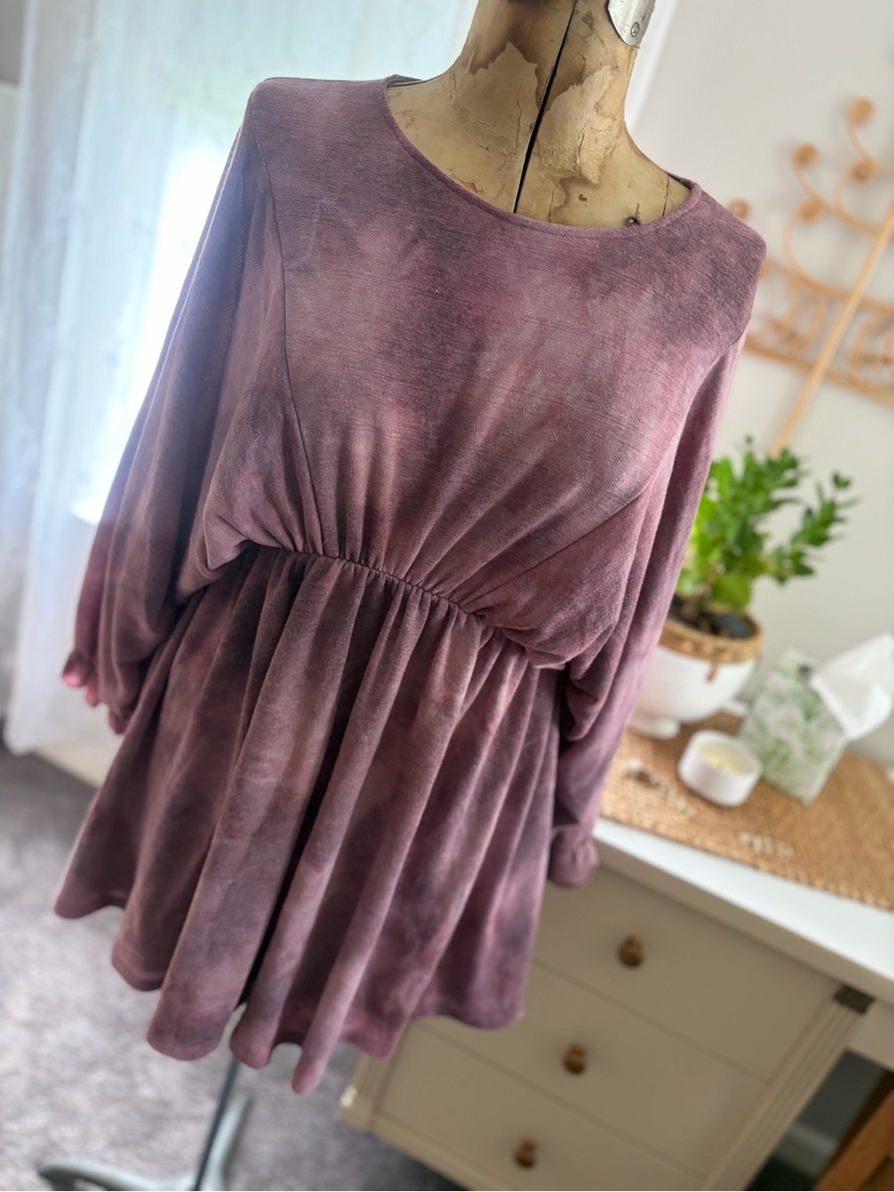 Washed Plum Long-Sleeve Peplum Dress